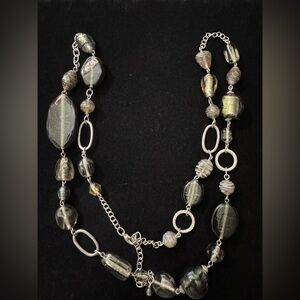 Long Glass Bead Necklace in Smoky Brown, Green & Gray